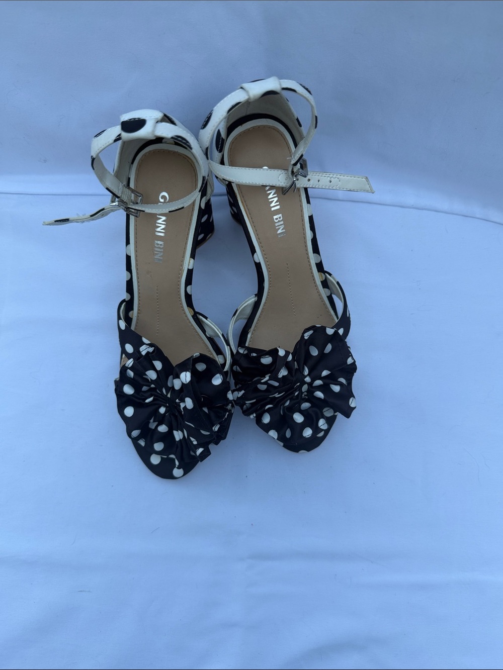 Gianni Bini Black and White Polka Dot Bow Ankle-Strap Block Heels - Picture 4 of 5
